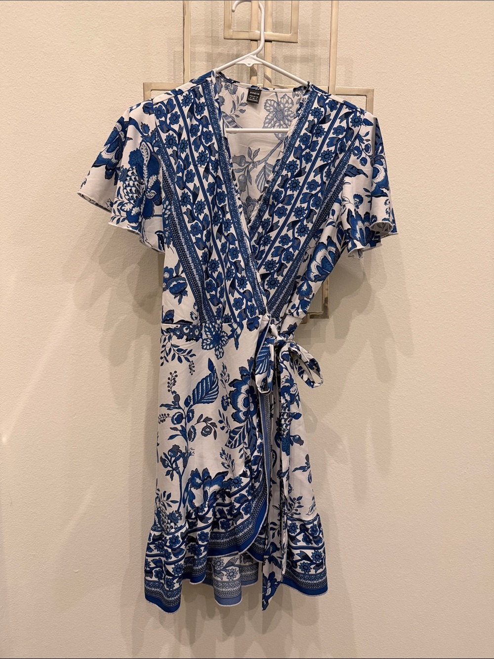 SHEIN Blue and White Floral Wrap Dress